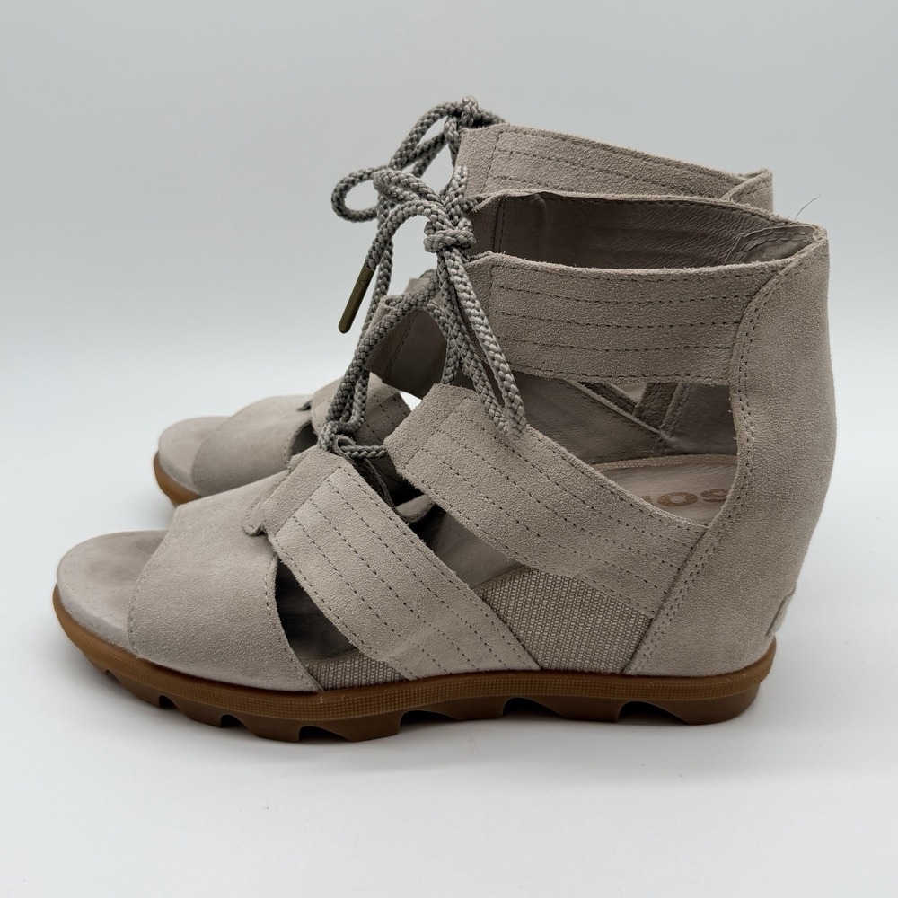 Sorel Sandals Women's Sz‎ 10 Beige Wedge Heels Joanie II Lace Ankle Walking